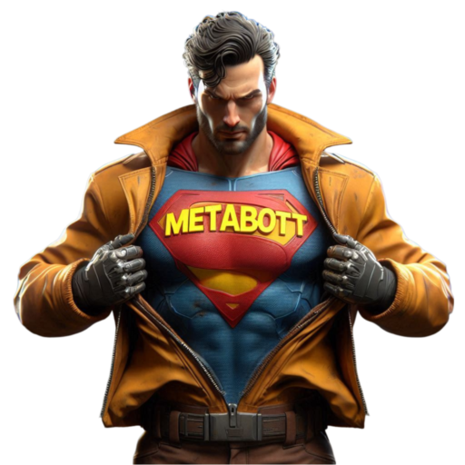 Superman-inspired figure reveals "METABOTT" emblem on his chest.